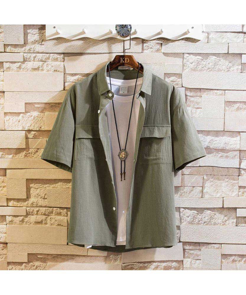 Men's army green double chest pocket short sleeve button shirt 01