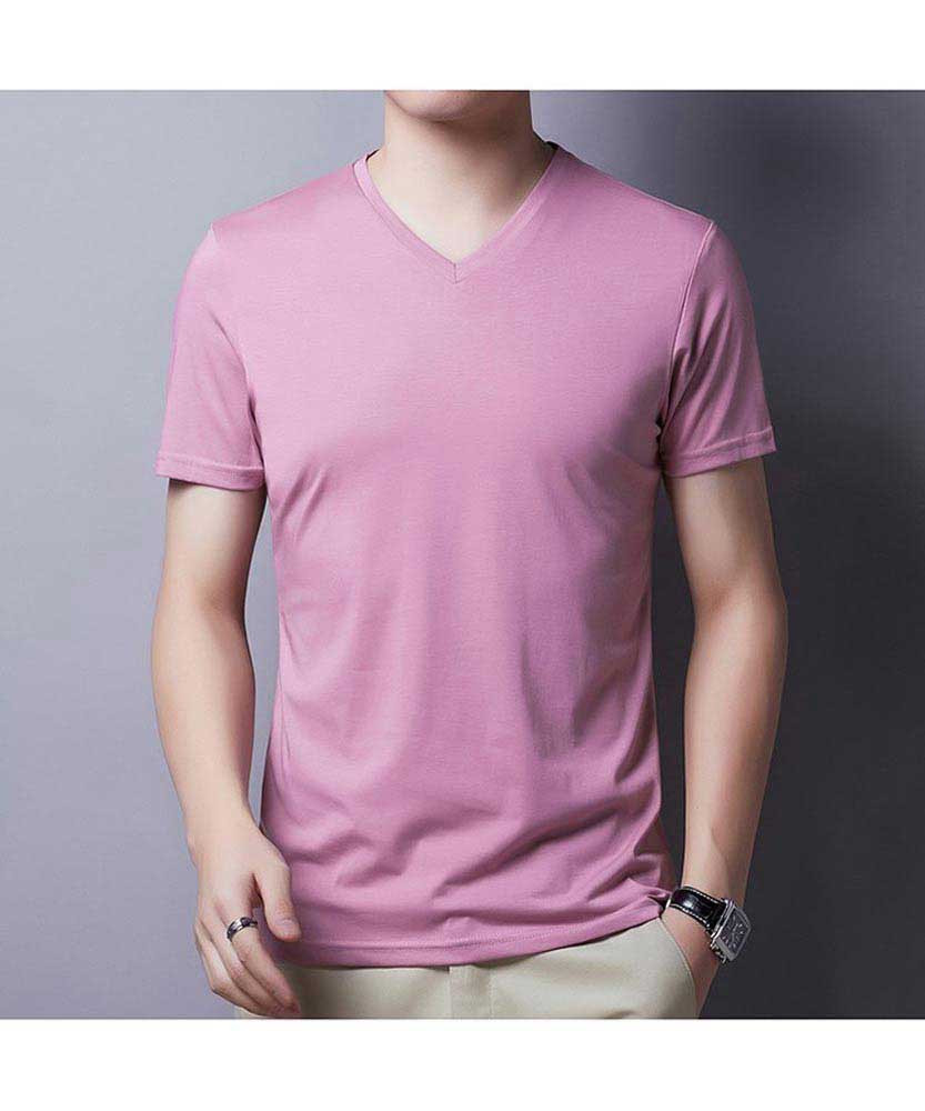 Pink simple plain V neck short sleeve t 