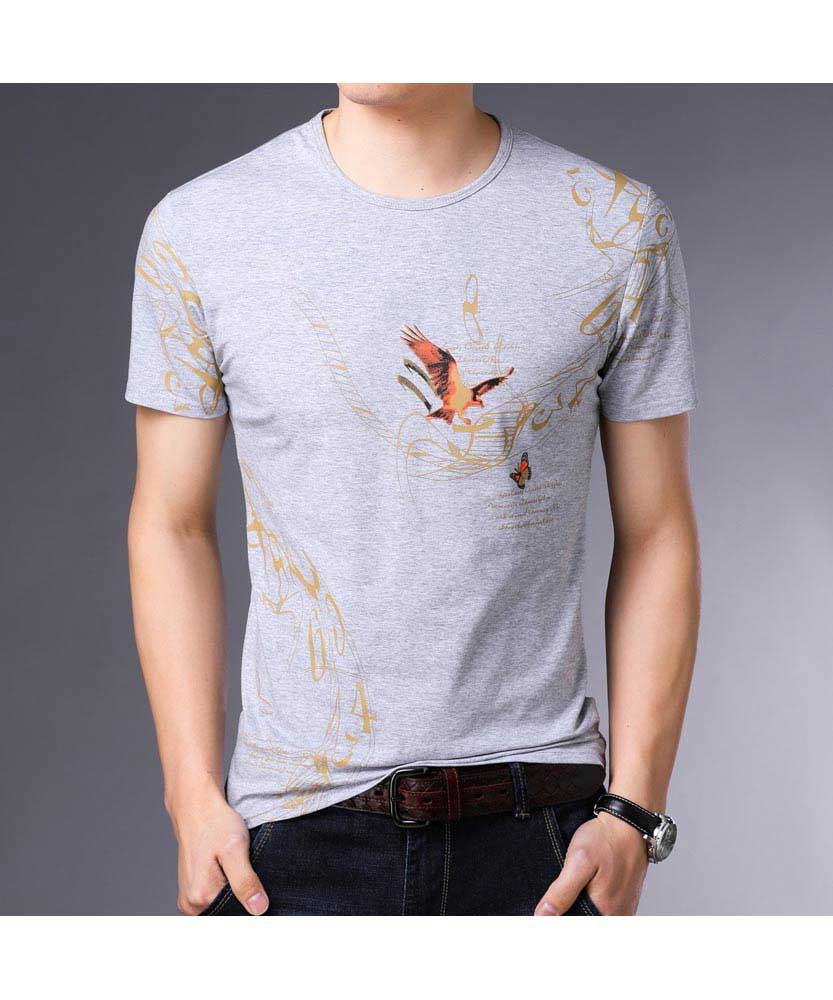 Men's grey mixed pattern print short sleeve t-shirt 01