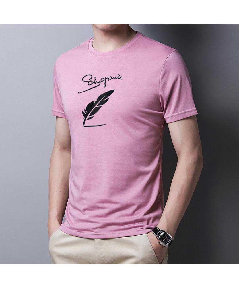 Men's pink pattern leaf print short sleeve t-shirt 01