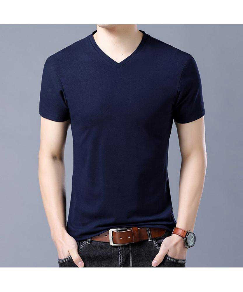 Men's navy plain V neck short sleeve t-shirt