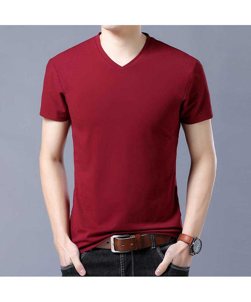 Men's red plain V neck short sleeve t-shirt