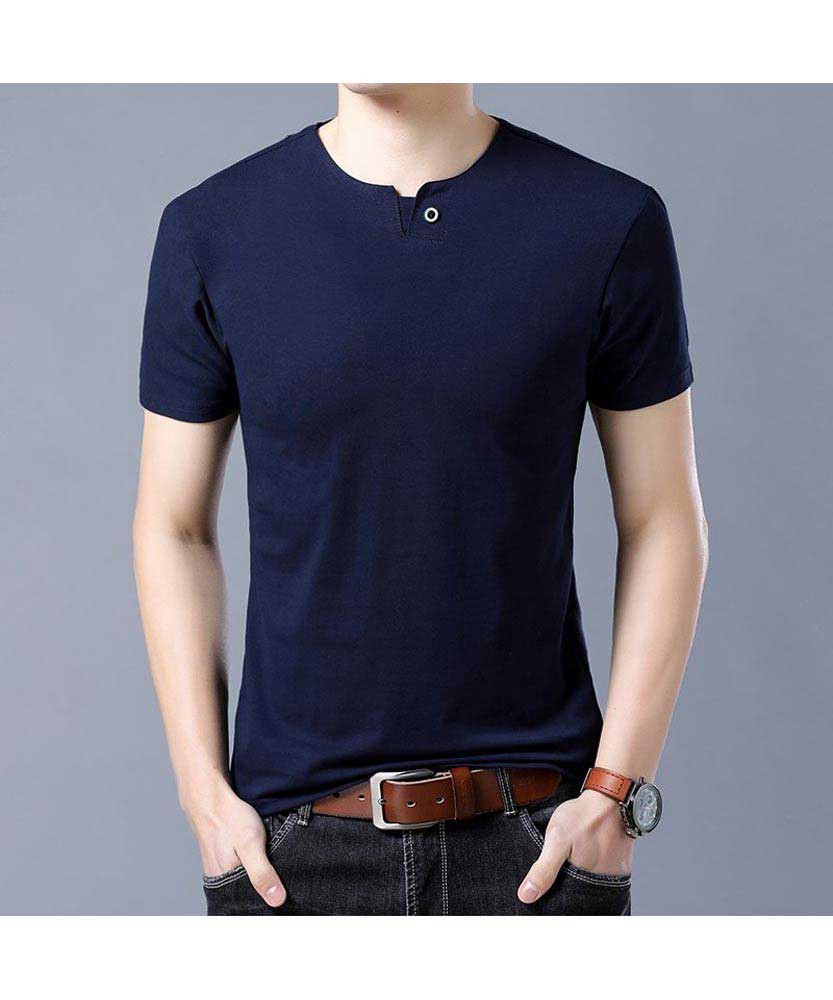 Navy single button plain short sleeve t 