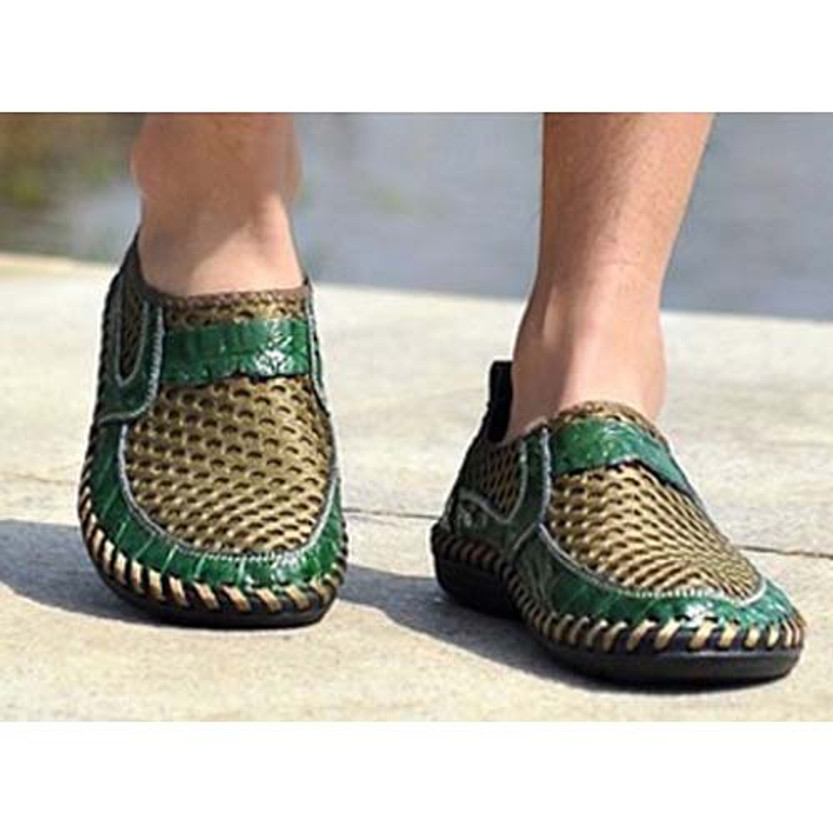 Men's green casual mesh leather slip on 