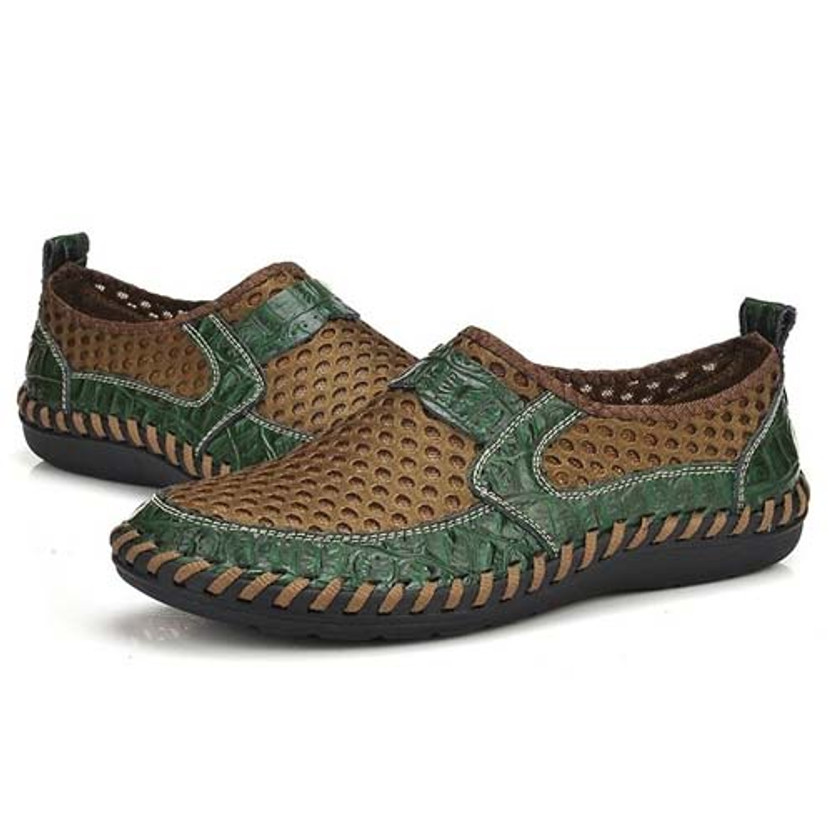 Men's green casual mesh leather slip on shoe | Mens slip on loafers ...