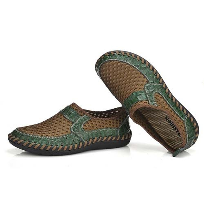 Men's green casual mesh leather slip on shoe | Mens slip on loafers ...