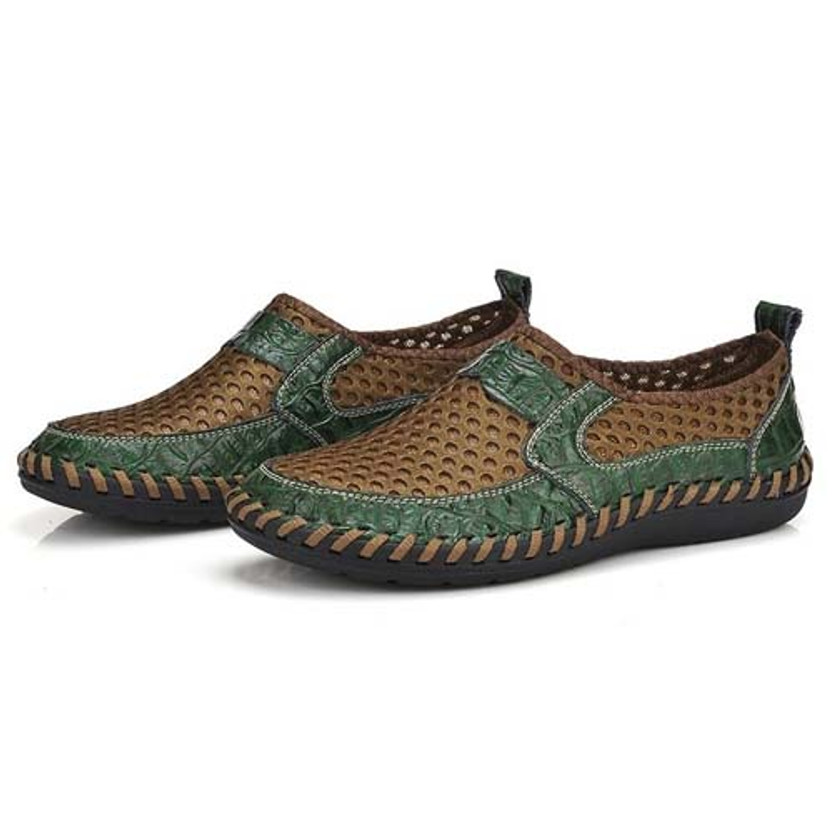 Men's green casual mesh leather slip on shoe | Mens slip on loafers ...