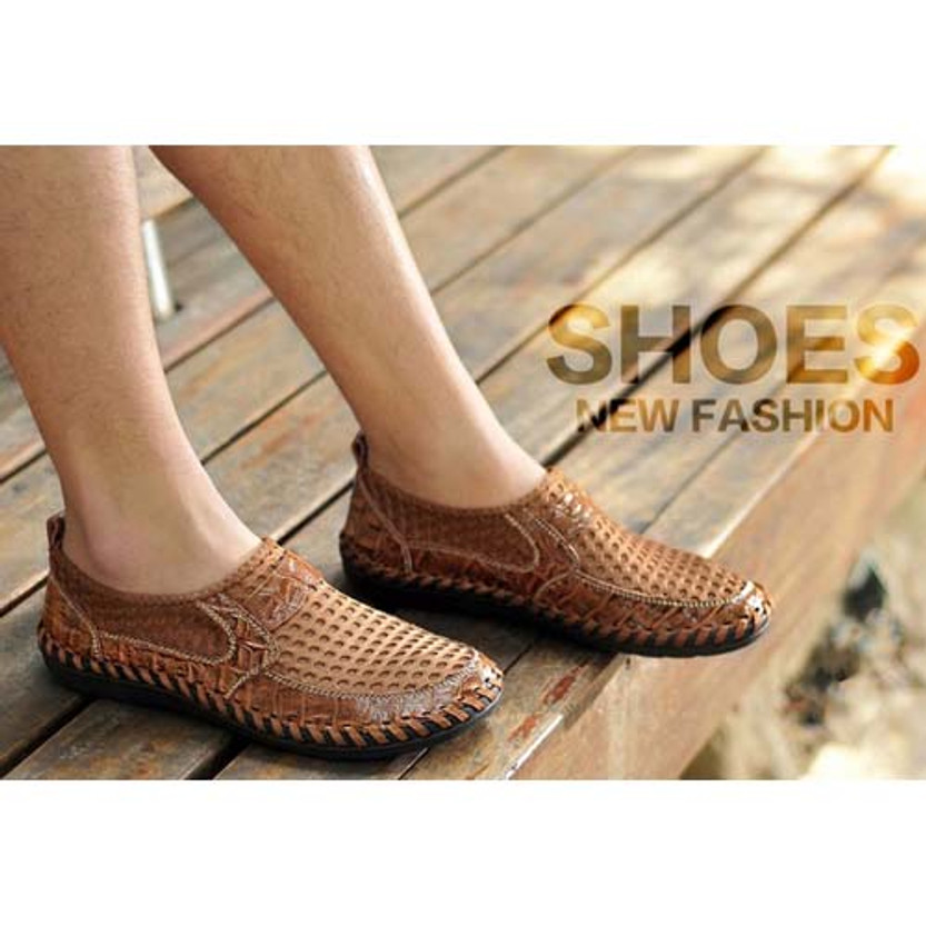 Men's brown casual mesh leather slip on shoe | Mens slip on loafers ...