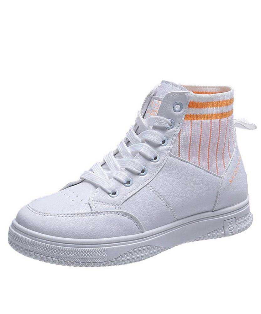 Women's white orange stripe sock like entry shoe sneaker boot 01