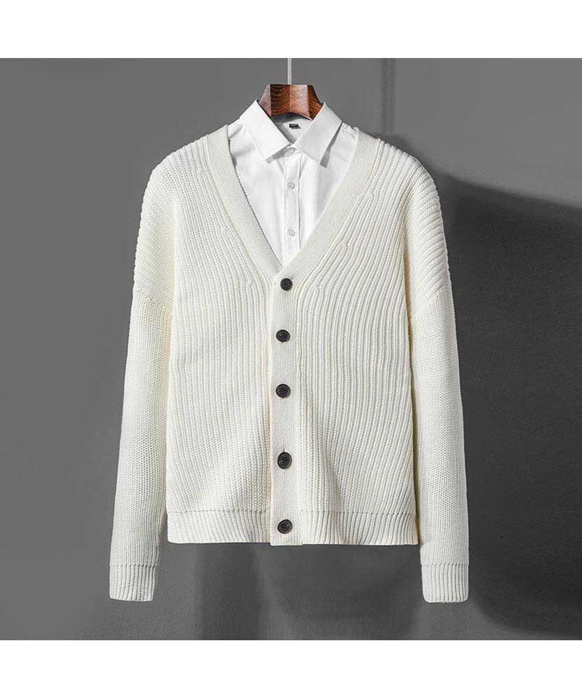 Men's white stripe texture button cardigan V opening style 01