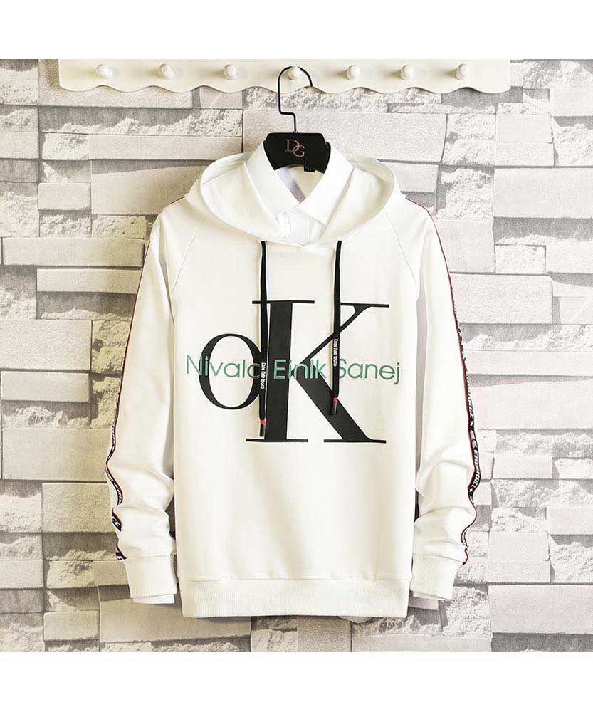 Men's white OK letter pattern print pull over hoodies 01