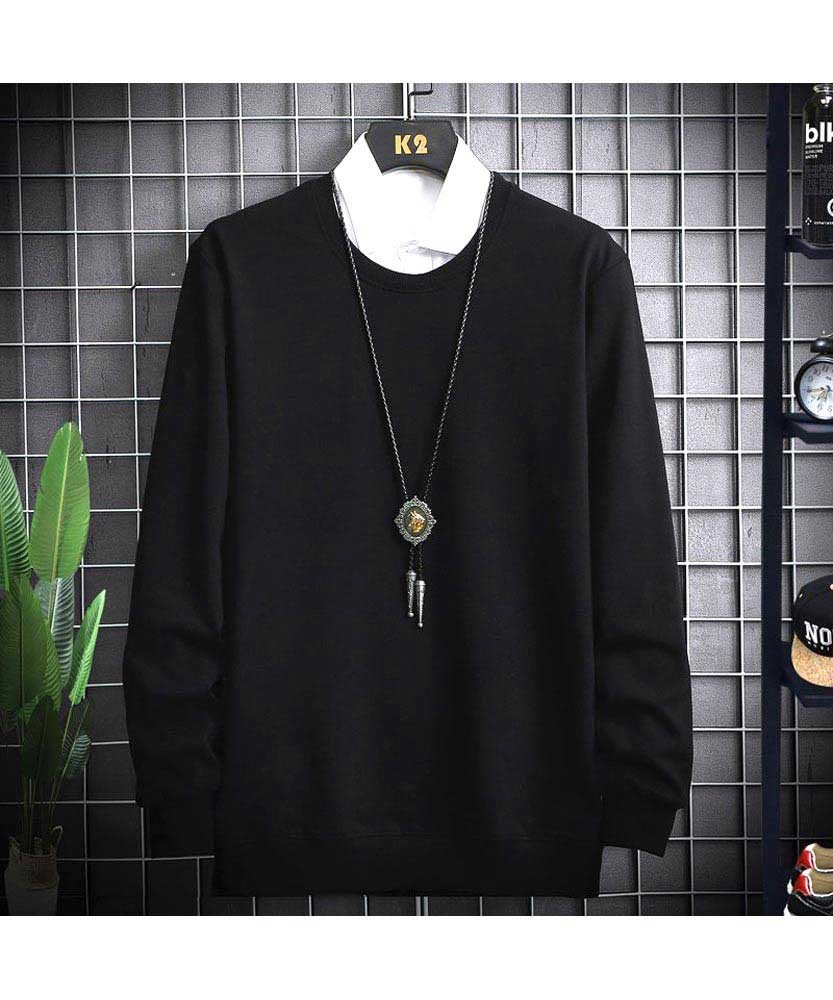 Men's black plain round neck long sleeve pull over sweatshirt 01