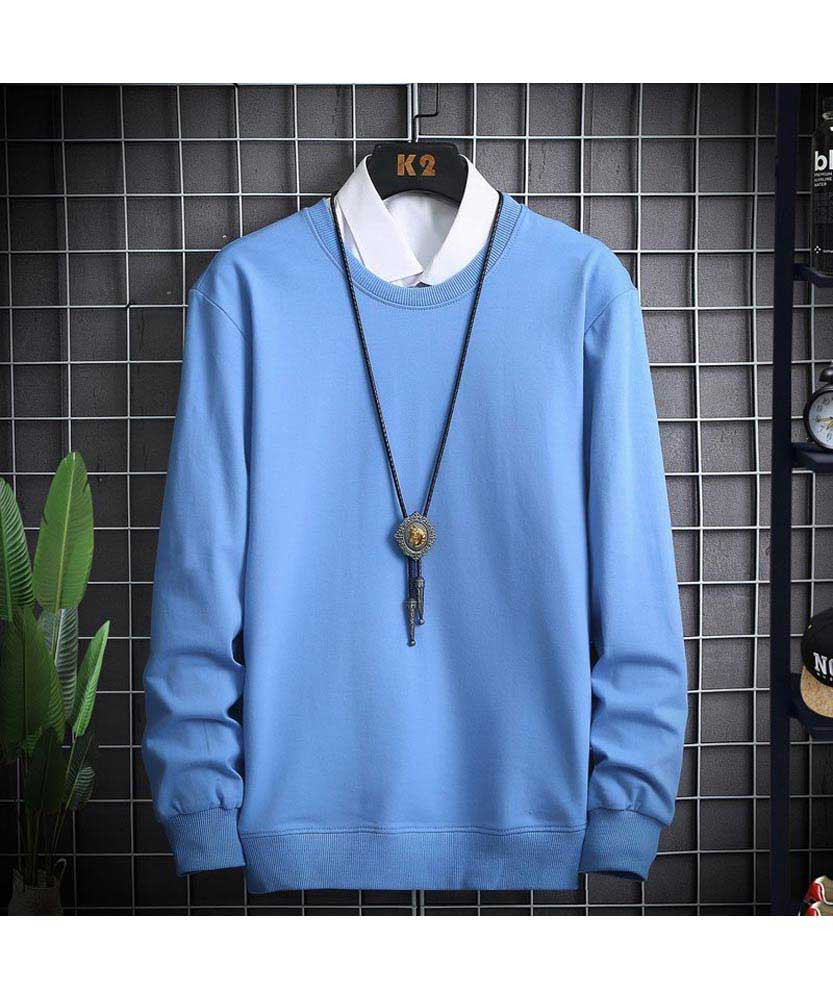 Men's blue plain round neck long sleeve pull over sweatshirt 01