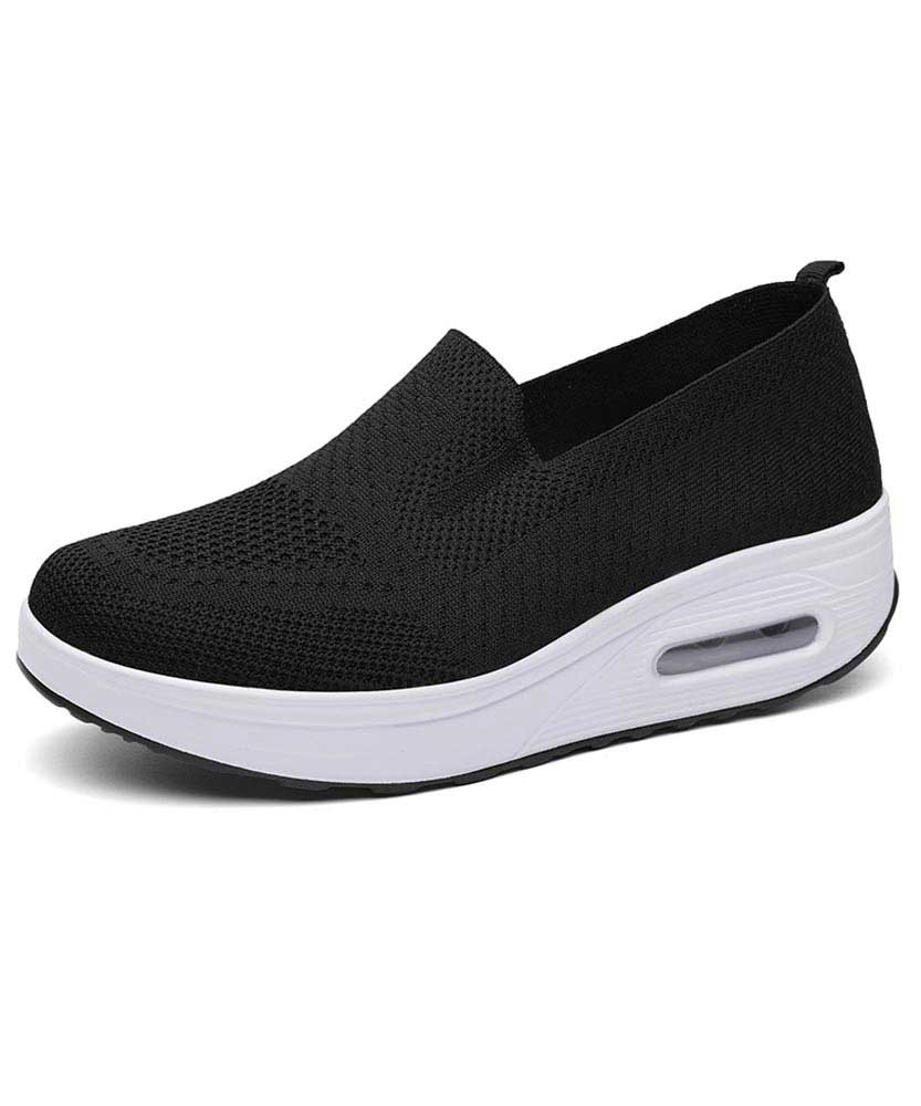 Women's black flyknit texture pattern slip on rocker bottom sneaker 01