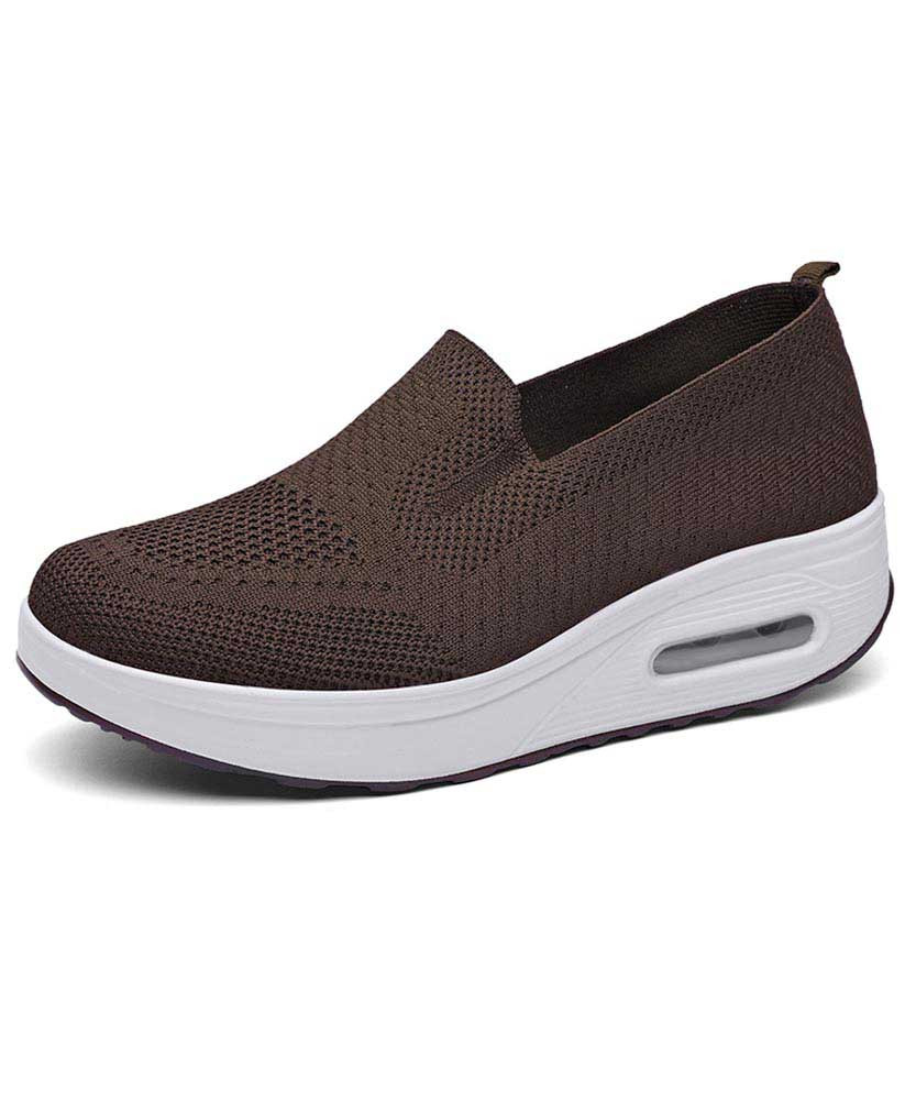 Women's brown flyknit texture pattern slip on rocker bottom sneaker 01