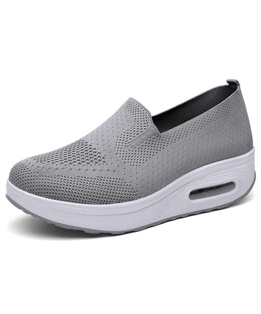 Women's grey flyknit texture pattern slip on rocker bottom sneaker 01