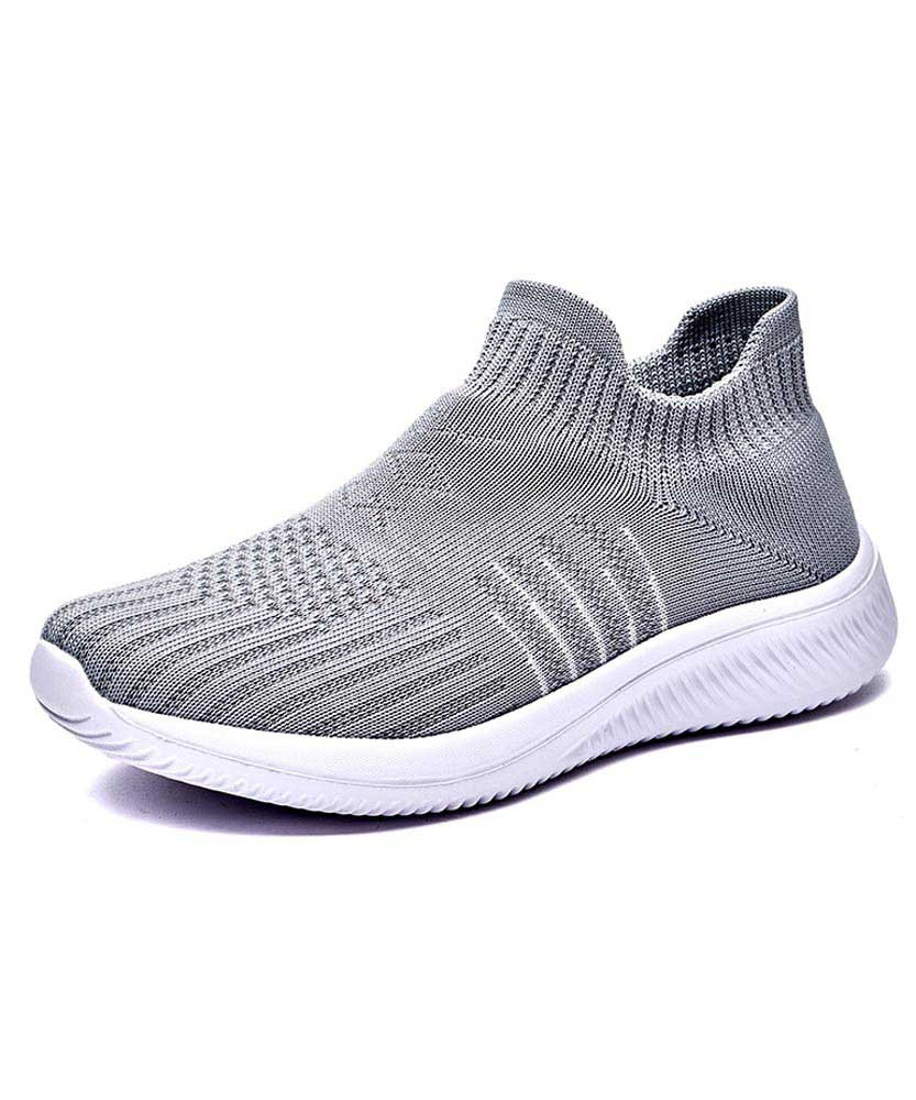 Women's grey stripe sock like entry slip on shoe sneaker 01