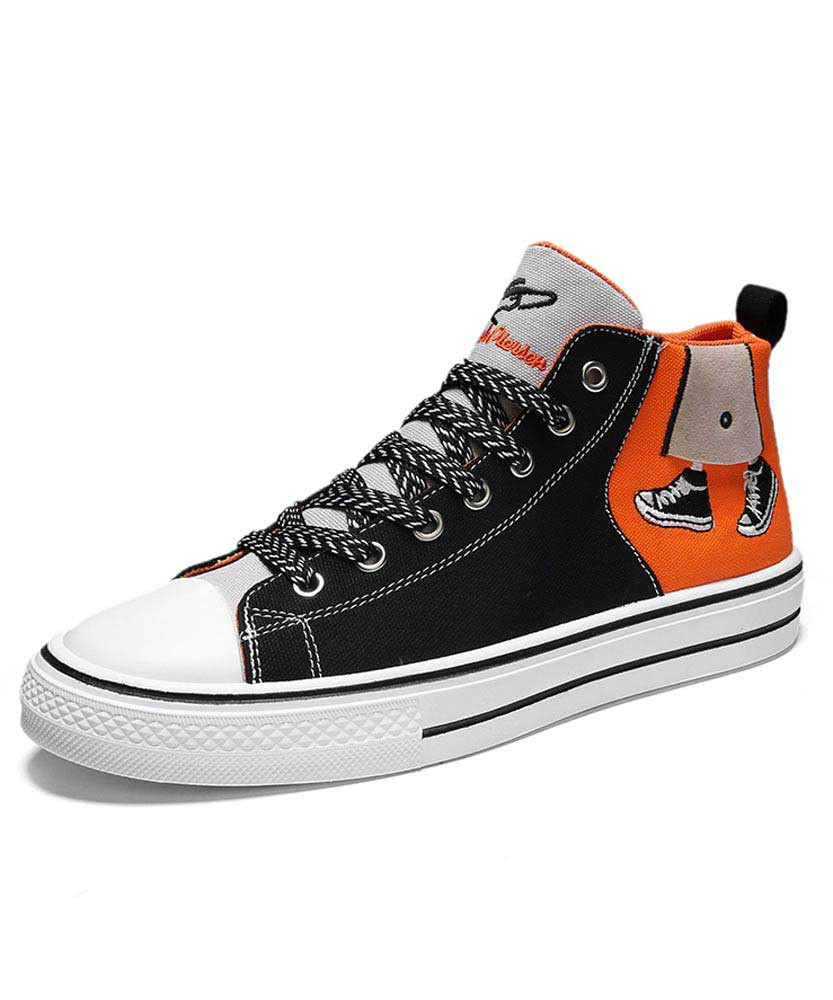 Women's black orange canvas walking pattern shoe sneaker boot 01