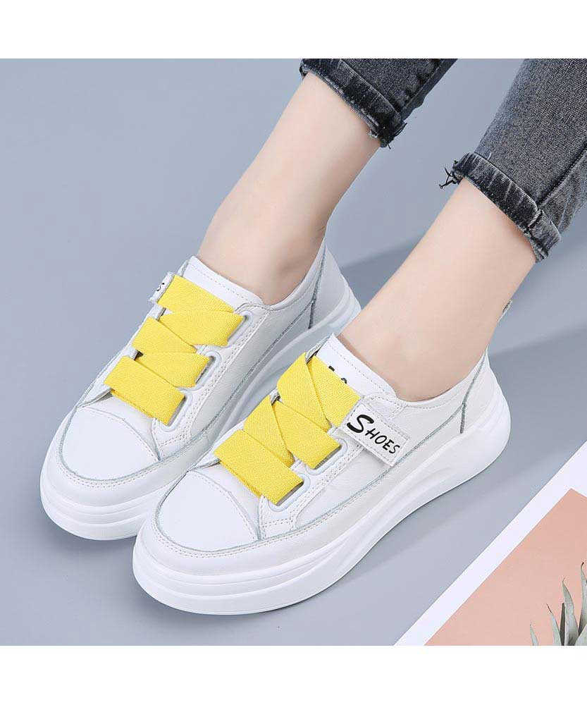White yellow wide lace platform shoe 