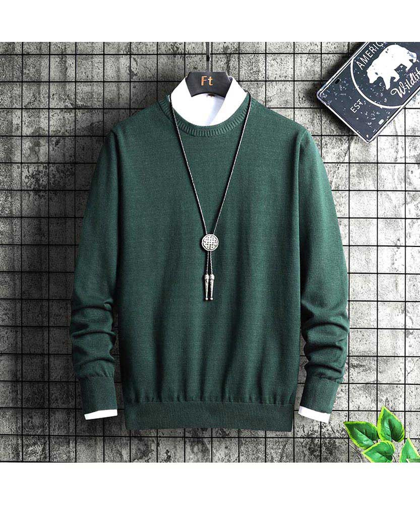 Men's green ribbed round neck plain pull over sweater