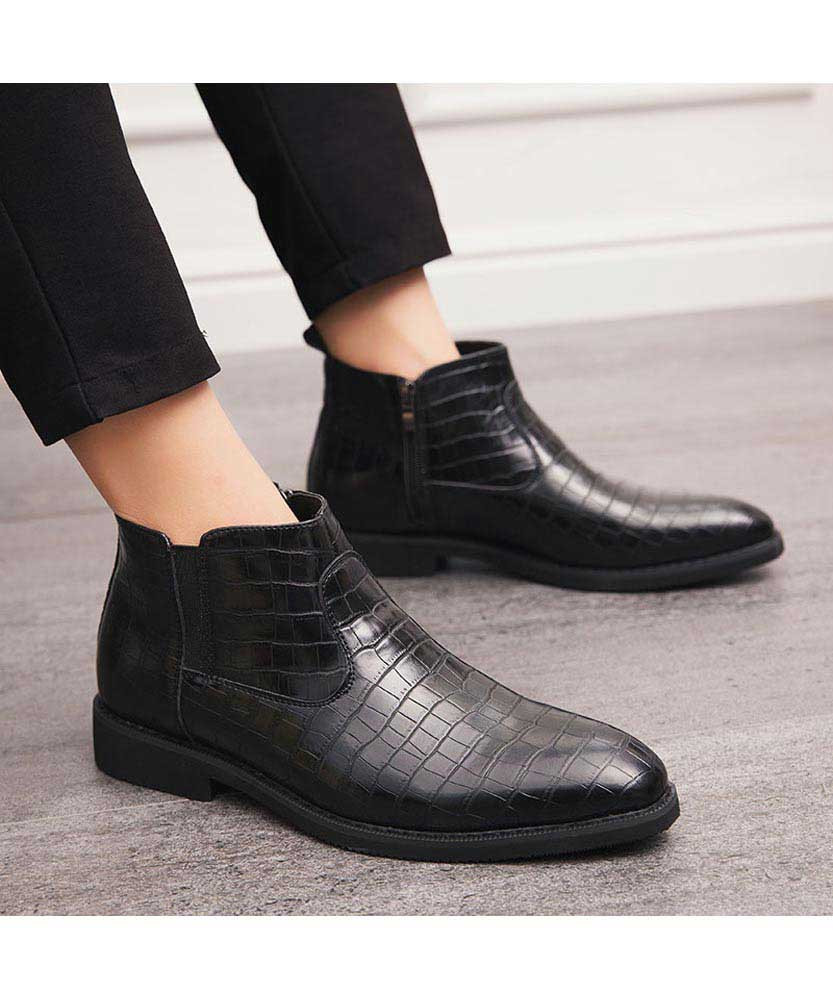 Black retro croco skin pattern slip on dress shoe boot | Mens shoe ...