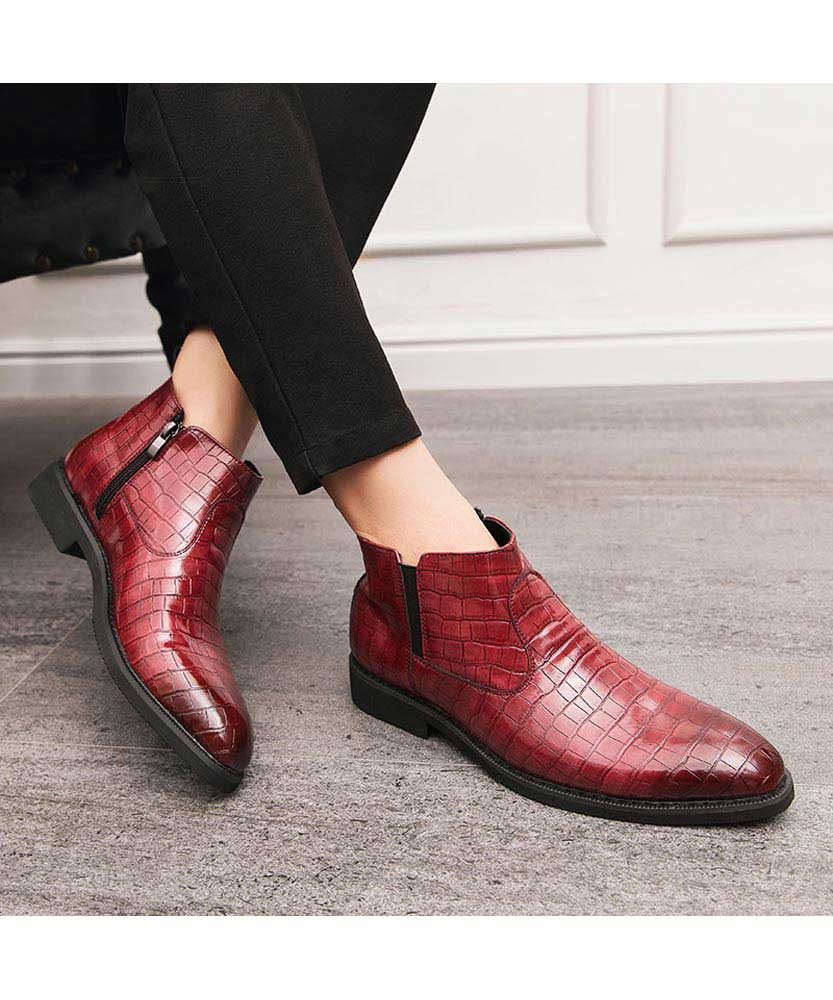 Red retro croco skin pattern slip on dress shoe boot | Mens shoe boots ...