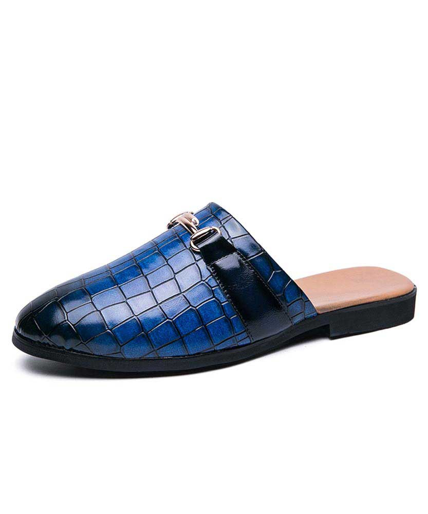 Men's blue croco skin pattern buckle slip on half shoe loafer 01