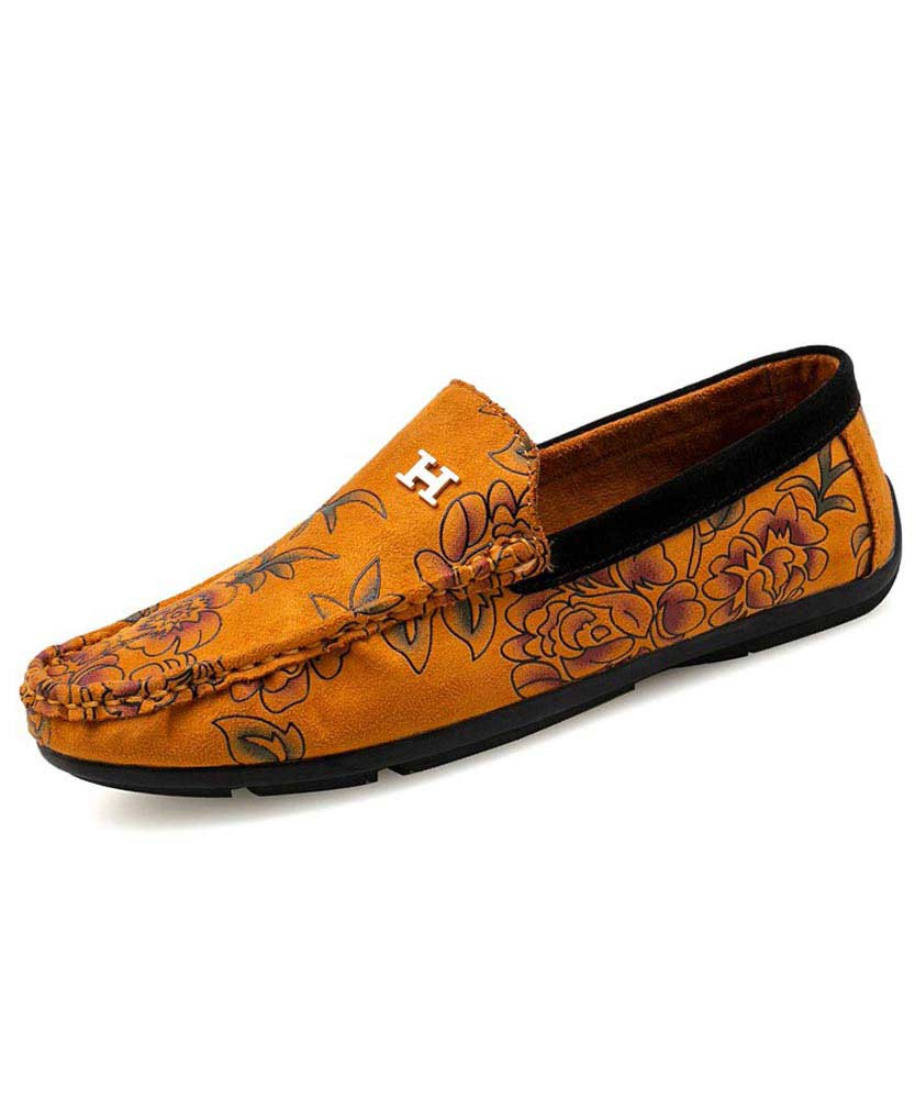 Men's brown letter ornament floral pattern slip on shoe loafer 01