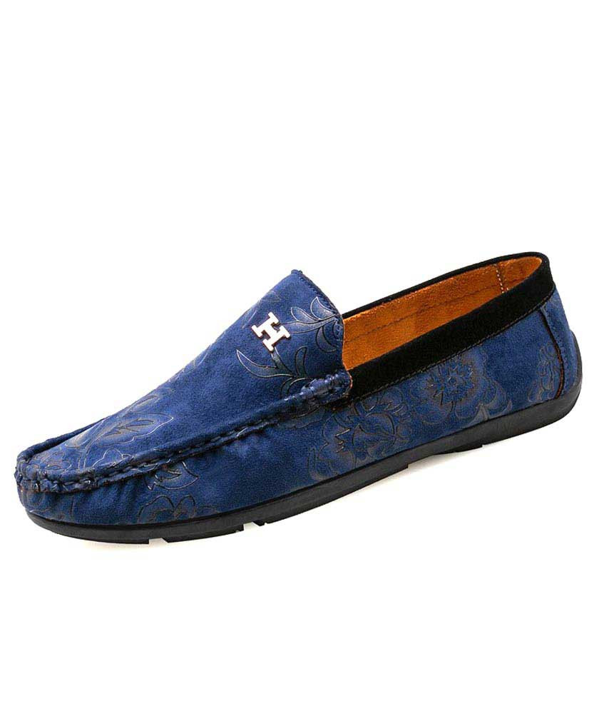 Men's navy letter ornament floral pattern slip on shoe loafer 01