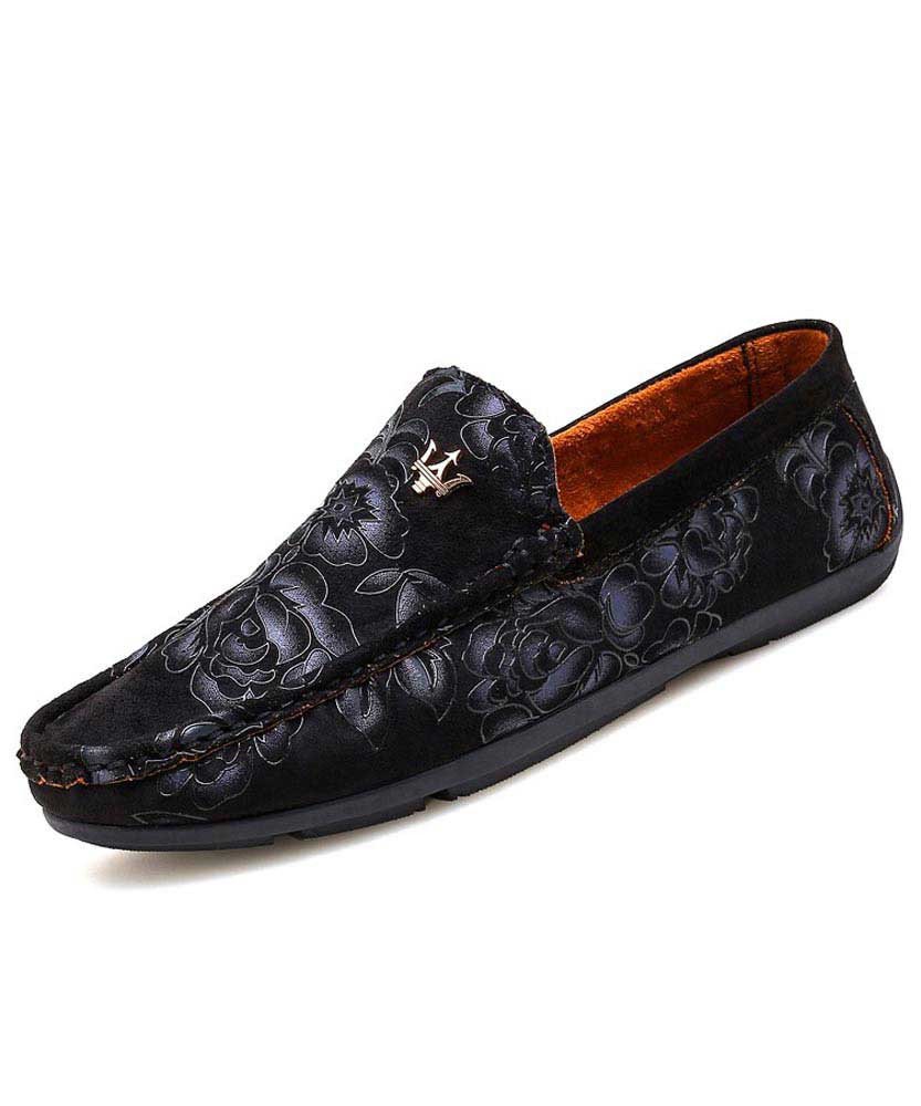 Men's black metal ornament floral pattern slip on shoe loafer 01