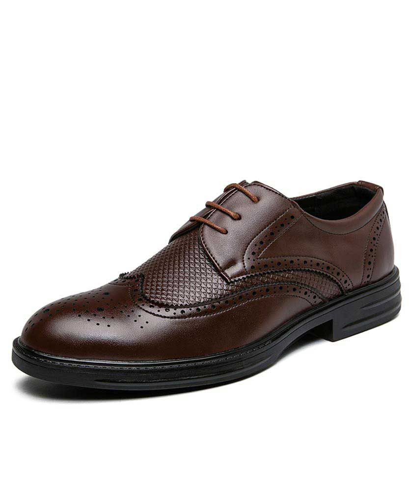 Men's brown brogue leather derby dress shoe check detail 01