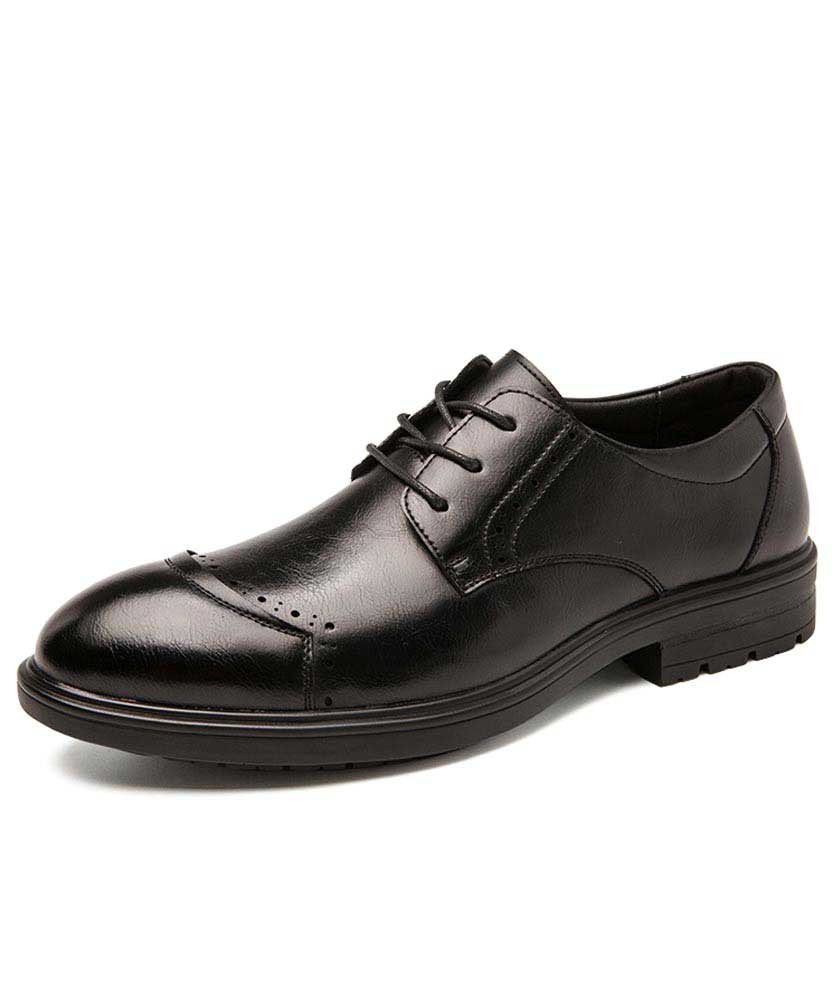 Men's black brogue leather derby dress shoe curved toe 01