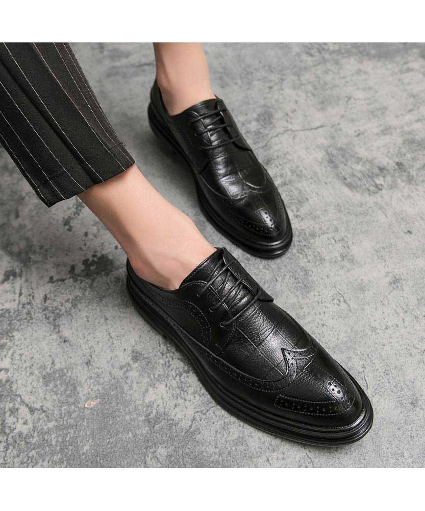 Black brogue leather derby dress shoe check pattern | Mens dress shoes ...