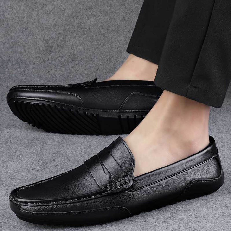 Black penny strap slip on shoe loafer in plain | Mens shoe loafers ...