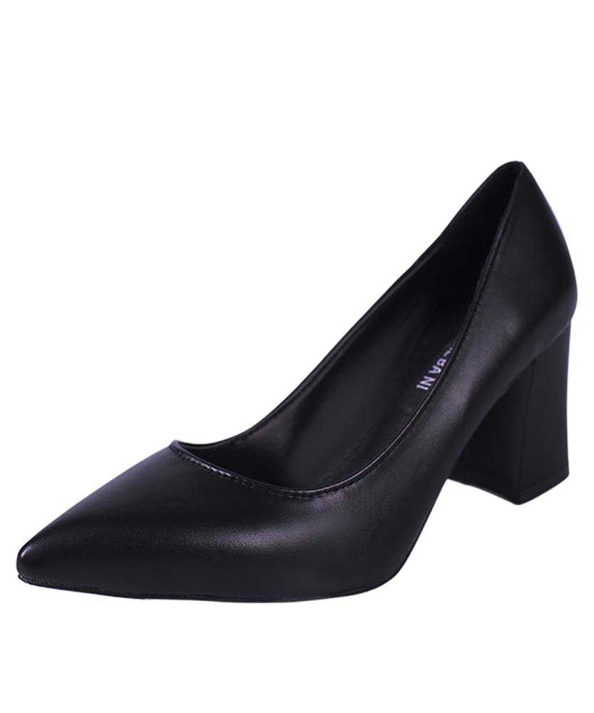 Black slip on mid thick heel dress shoe 