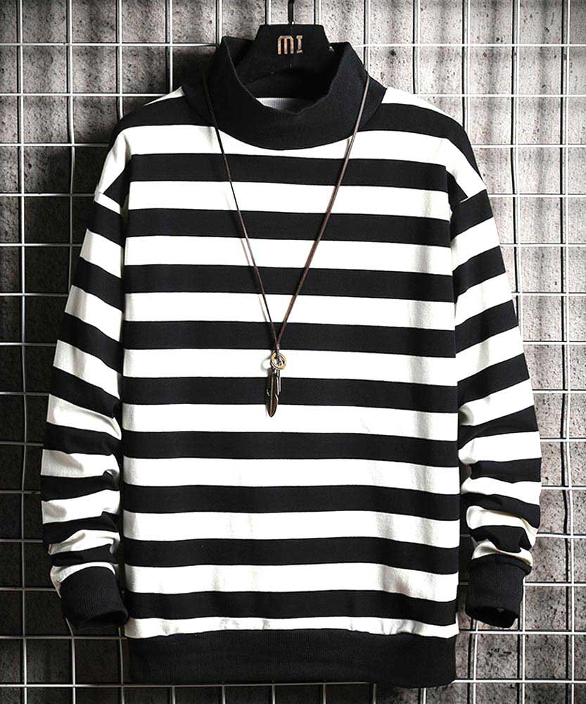 Black white stripe high neck sweatshirt 