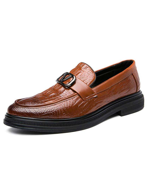 Brown croc skin pattern buckle penny slip on dress shoe | Mens dress ...