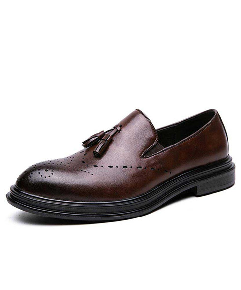 Brown brogue slip on dress shoe tassel on top | Mens dress shoes online ...