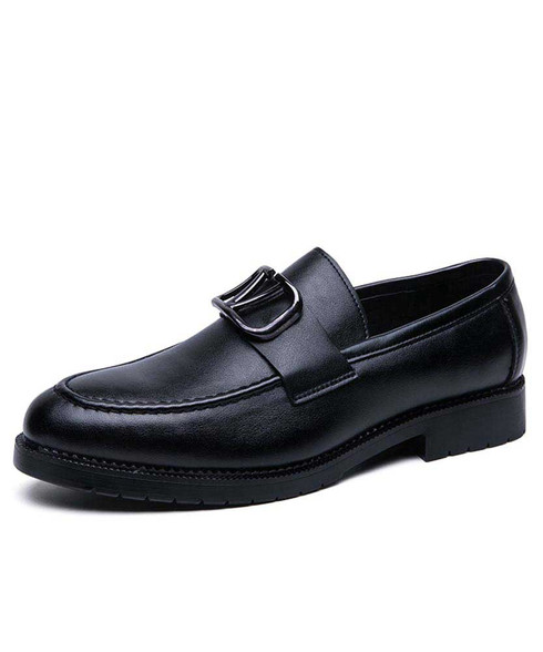 Black rectangle metal buckle slip on dress shoe | Mens dress shoes ...