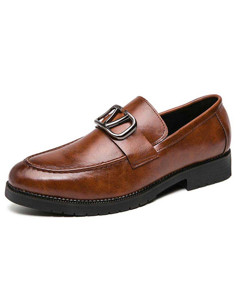 Brown rectangle metal buckle slip on dress shoe | Mens dress shoes ...