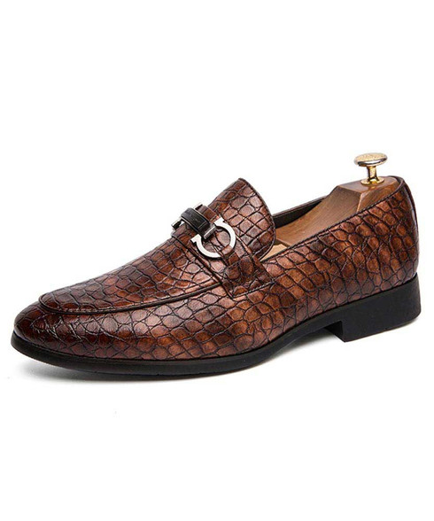 Brown retro croco pattern buckle slip on dress shoe | Mens dress shoes ...