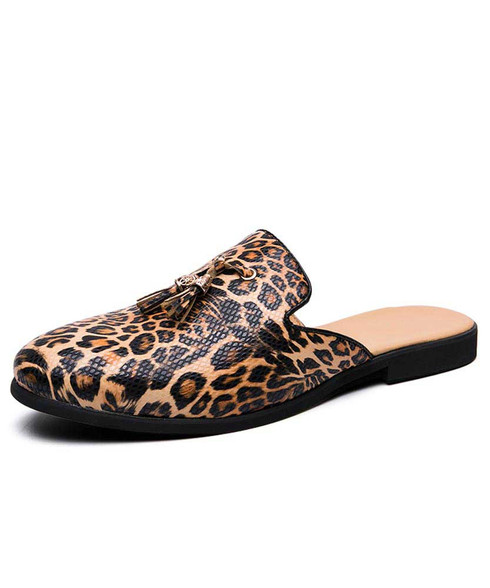Leopard pattern print tassel slip on half shoe loafer | Mens shoe ...