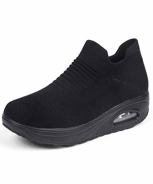 Black flyknit stripe texture slip on rocker bottom sneaker | Womens ...