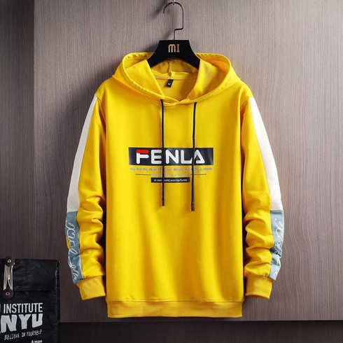 Yellow pattern letter print color stripe sleeve hoodies | Mens ...