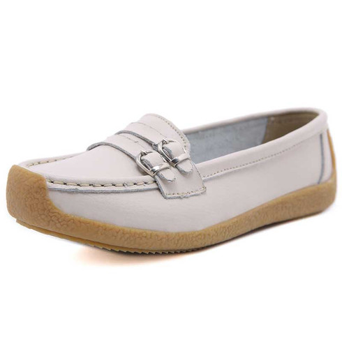 Beige double buckle strap slip on shoe loafer | Womens shoe loafers ...