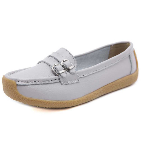 Grey double buckle strap slip on shoe loafer | Womens shoe loafers ...