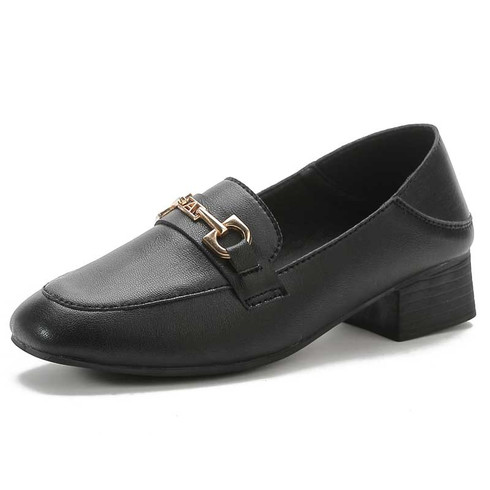 Black buckle penny slip on thick heel dress shoe | Womens heel dress ...