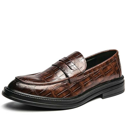 Brown retro croc skin pattern penny slip on dress shoe | Mens dress ...