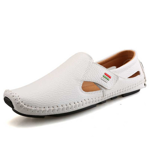 White cut out sewing accent velcro slip on shoe loafer | Mens shoe ...