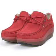 Women's red sewn accents lace up rocker bottom shoe 01